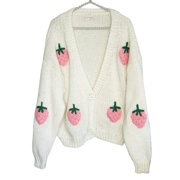 Strawberry Fields Granny Knit Crochet Oversized Cardigan Sweater Womens M/L - Picture 1 of 11